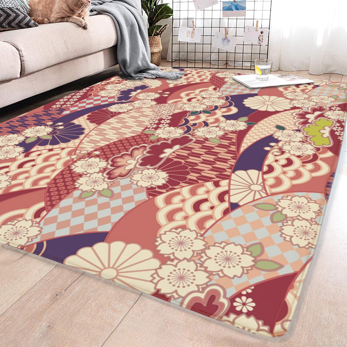 Amazon｜和風 和柄 赤 花柄 カーペット ラグ 150×200cm 約1.5畳 洗える